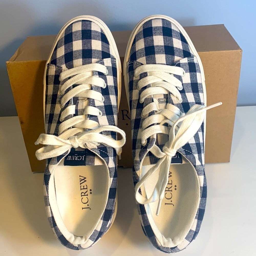 J. Crew Factory Navy Blue Gingham Printed Road Trip Sneakers NEW! - Picture 5 of 8